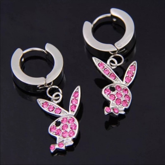 Pink Cubic Zirconia Playboy Bunny Earrings - Picture 2 of 3